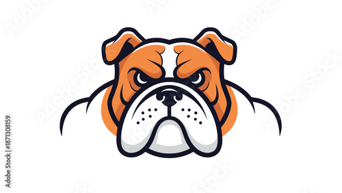 Determined bulldog face shown in a bold orange and white illustration with a serious expression for sports mascot or branding.