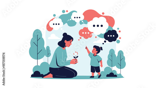 Loving mother kneeling in a garden and talking to her young child with speech bubbles representing communication and parenting.