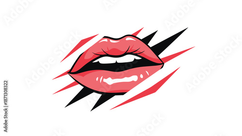 Artistic depiction of red lips with white teeth surrounded by dynamic red and black geometric slash marks for fashion.