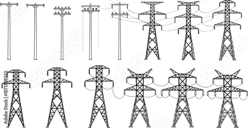 Collection of Electrical Transmission Towers and Utility Poles in Outline and Silhouette Keywords: electricity, power