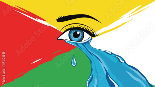 Close up of a blue eye crying heavy tears over a background of red, yellow, and green artistic brush strokes for emotion.