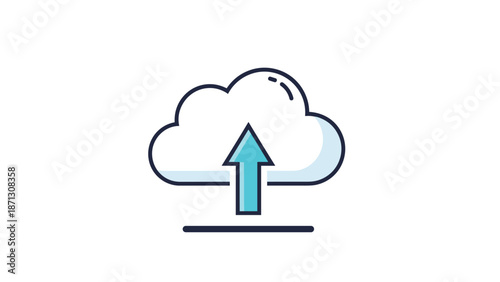 Cloud computing icon with a blue arrow pointing upwards representing data upload to the internet or a secure server.