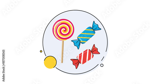 Sweet treats including a colorful swirl lollipop and two wrapped candies in a circular decorative frame for children.