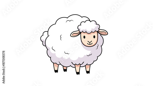 Portrait of a cute white fluffy sheep with a friendly face and tiny legs standing on a white background for farm life.