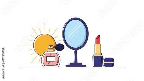 Collection of beauty products including a pink perfume bottle, a blue standing mirror, and a red lipstick for makeup.