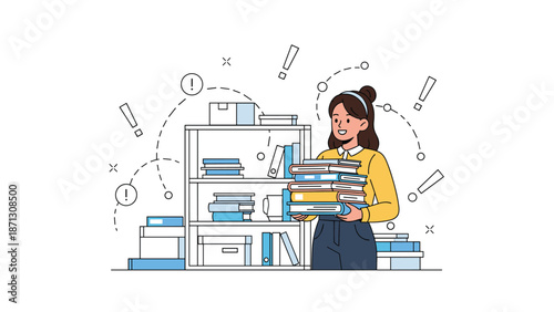 Smiling young woman holding a heavy stack of colorful books next to a library shelf represents education, learning, and student life.