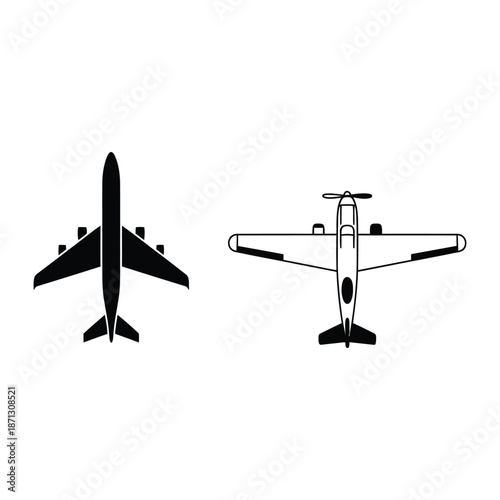 Detailed black and white illustration of a small airplane from two perspectives