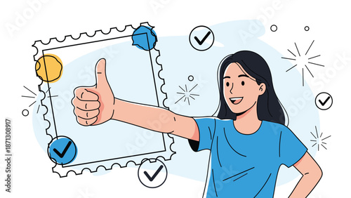 Cheerful young woman giving a thumbs up gesture inside a large postage stamp frame represents positive feedback and approval.