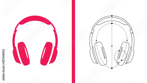 Pink headphone silhouette next to its technical blueprint sketch illustrates the product design process and audio engineering.