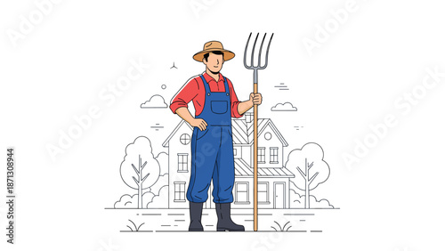 Proud male farmer holding a pitchfork in front of his farmhouse represents agriculture, organic farming, and rural lifestyles.