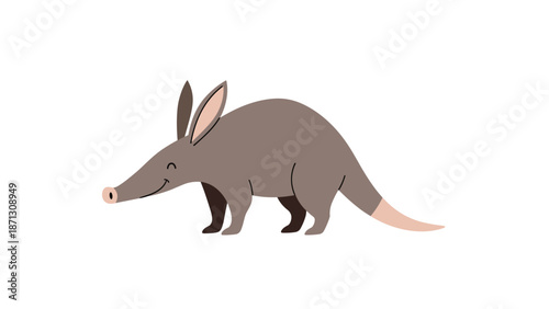 Friendly grey aardvark character with a long snout and big ears walks happily, depicting an exotic animal for children.
