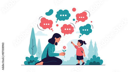 Mother and her young daughter communicating with numerous colorful thought bubbles represents parenting and child development.