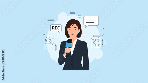 Professional female news reporter holding a microphone with recording and camera icons represents journalism and media broadcasting.