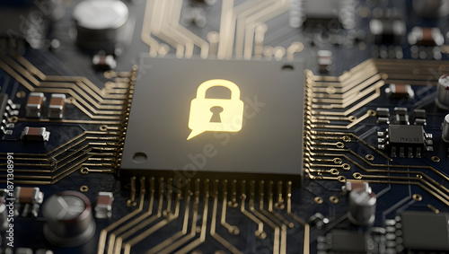 Secure processor chip with lock icon on modern motherboard, representing hardware level cybersecurity, encrypted data protection, privacy systems and advanced digital security technology