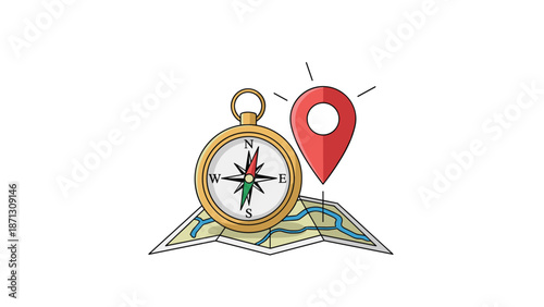 Golden compass placed on a folded topographic map with a red location pin symbolizes travel, adventure, and navigation.