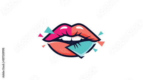 Pop art style illustration of colorful lips biting a piece of turquoise paper with abstract triangular shapes floating.