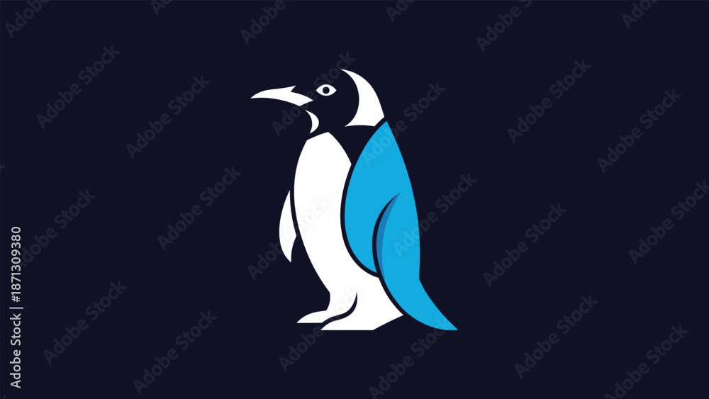 Obraz premium Stylized penguin mascot logo design in blue and white colors standing against a solid dark navy blue background.