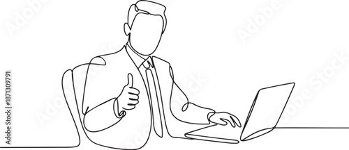 Continuous one line drawing business man giving thumbs up gesture and sitting on office chair and open the laptop to start working.one line vector illustration with background