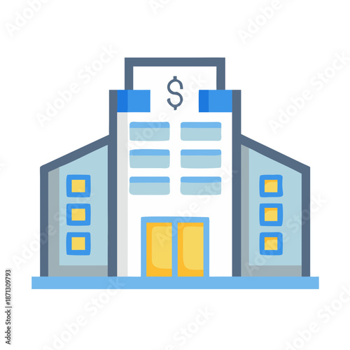 A cartoon bank building illustration with a dollar sign on a black background