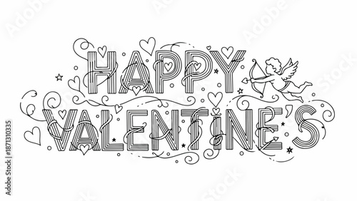 Black and white illustration of 'Happy Valentine's' with decorative hearts, swirls, and flowers on a white background.