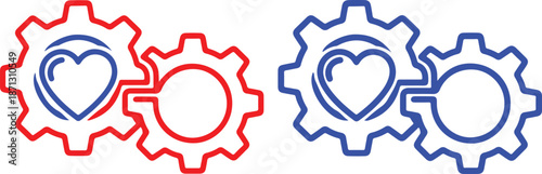 Interconnected gear icons with heart symbols in red and blue