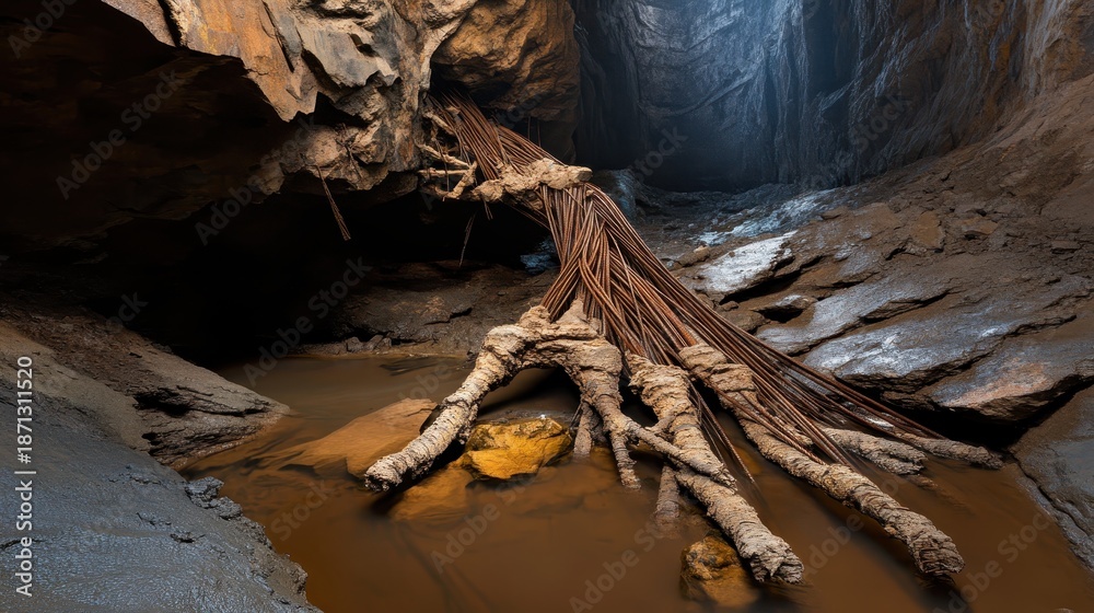Fototapeta premium Thick gnarled tree roots emerge from damp cave walls growing over muddy water underground