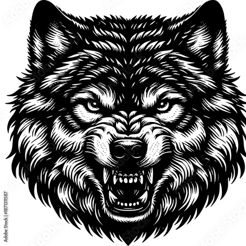 Intense Gaze of a Wolf: The imposing visage of a wolf, captured in a stark black and white portrait, showcases a fierce and unyielding intensity. Its eyes pierce the viewer.