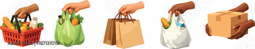 set of icons of human hands holding various grocery bags and baskets with products, for the design of stickers, banners, posters or social networks