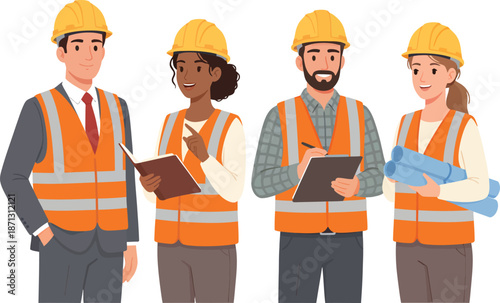 Team of four construction workers or engineers in safety vests and hard hats discussing plans