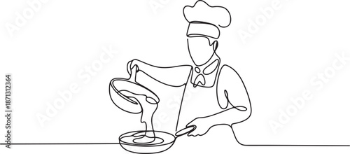 Continuous one line drawing of a chef is pouring batter into a pan.one line vector illustration with out background