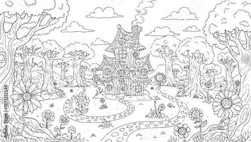 Black and white line drawing of a whimsical fairy tale castle in a garden with trees, flowers and winding path.