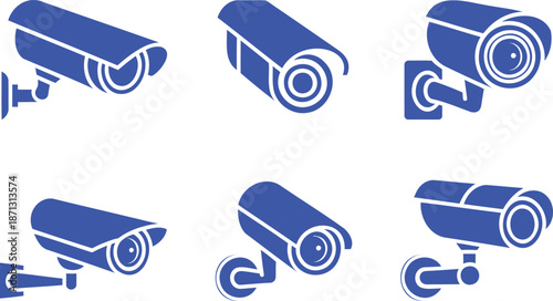 Six blue security cameras on white background surveillance