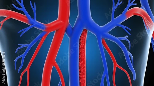 Detailed illustration of human anatomy focusing on the aorta and pulmonary arteries with a dark blue gradient background.
