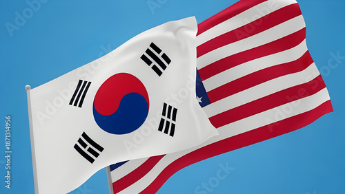 Korean American Day Celebration with Flags of South Korea and America Waving Together