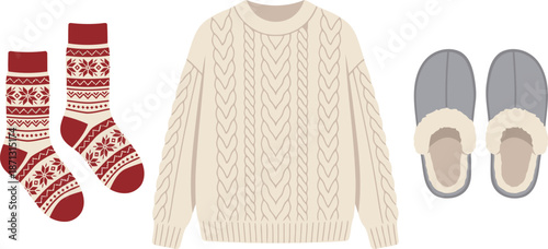 Cozy Winter Clothing Set with Cable Knit Sweater Fair Isle Socks and Fur Lined Slippers Illustration