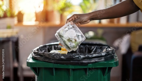 Wallpaper Mural Person Discarding Food Waste into a Green Trash Can. Torontodigital.ca