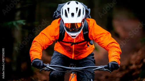 A cyclist in an orange jacket rides through a forested trail.