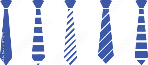 Five blue ties with different patterns and shapes striped