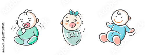 Three cute cartoon babies in different poses and outfits