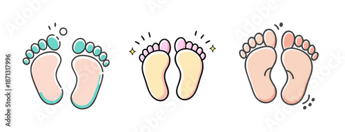 Set of three adorable baby feet icons with sparkling clean details and soft colors.