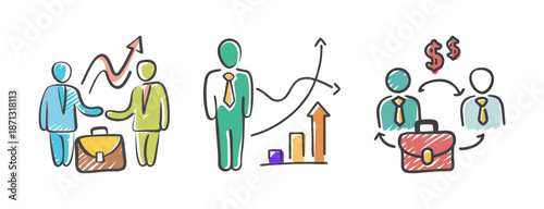 Business icons: handshake, growth chart, and money exchange with briefcase.