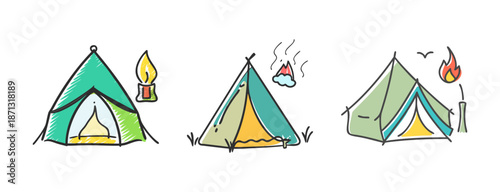 Hand-drawn camping tent icons with campfire and lantern, outdoor adventure