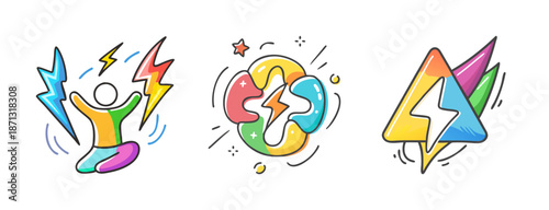 Colorful energy icons: lightning bolts, abstract shapes, and human figure.