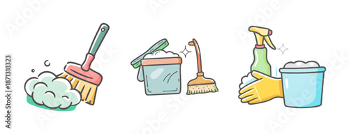 Cleaning supplies including brooms, buckets, and spray bottles with soap bubbles