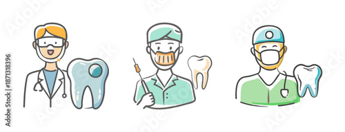 Dentists with teeth icons, dental care professionals and oral hygiene.