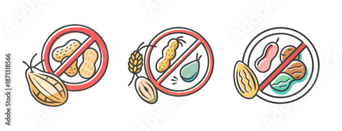 Food allergen icons: peanuts, soy, nuts, and wheat with prohibition signs.