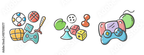 Collection of cartoon game icons: controllers, dice, board game pieces, and balls.