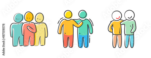 Doodle style icons representing friendship, togetherness, and support between people.