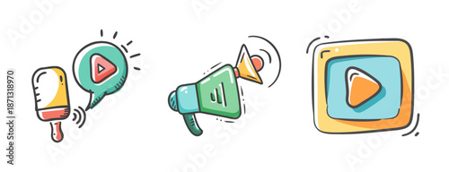 Hand-drawn media icons: play button, ice cream, and megaphone on white background