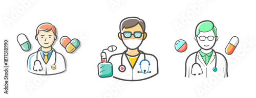 Hand-drawn doctor icons with pills, stethoscope, and hand sanitizer on white background